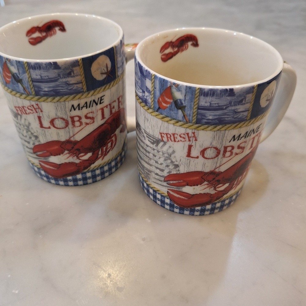 Cape Shore Mug Set Blue Maine Lobster Nautical Coastal Coffee Cups 2pc Americana